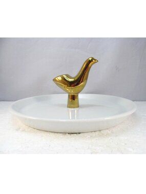 Nate Berkus Glossy White Ceramic Gold Tone Bird Ring Holder Trinket Dish Tray